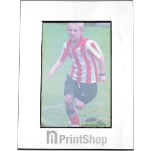 A nickel-plated photo frame with a glossy finish, displaying a photo of a child in a striped jersey.