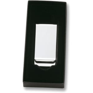 A silver metal money clip displayed in a black, velvet-lined box. The clip has a shiny finish and an unobtrusive logo.