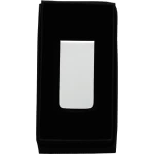 A silver metal money clip displayed on a black velvet background, featuring a sleek and minimal design.