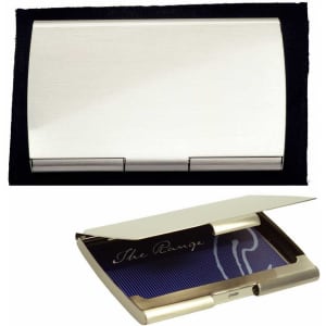 A sleek silver pocket business card holder with a shiny finish and a hinged opening.