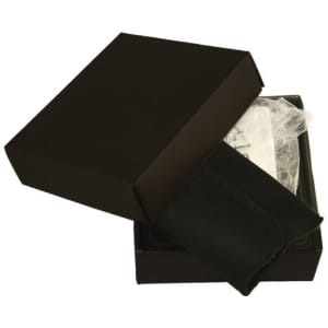 A black box partially open, revealing a black pouch inside, likely for a business card holder.