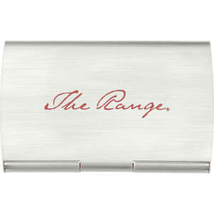 A silver pocket business card holder with a smooth finish and a logo on the front.
