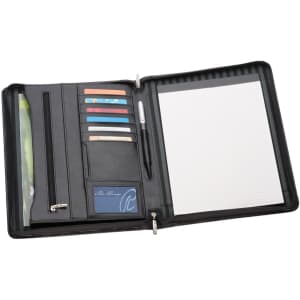 A black leather compendium featuring card slots, a zip pocket, and notepad space. Includes a pen and has a logo.