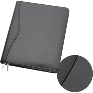 A black leather compendium featuring a zip closure and a smooth finish, with a close-up of the texture.