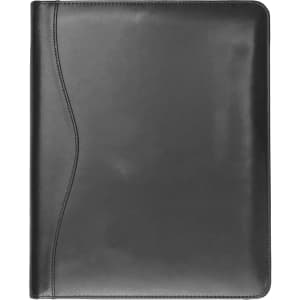 A black A4 leather compendium with a sleek design and a subtle logo. Ideal for professional settings.