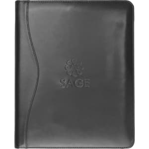 A black leather compendium featuring a sleek design and a subtle embossed logo. Ideal for professional use.
