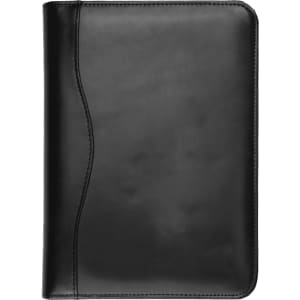 A black leather A5 compendium featuring a sleek design and a logo on the front cover.