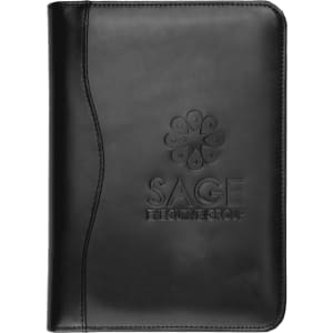 A black leather A5 compendium with an embossed logo on the front, featuring a sleek design.