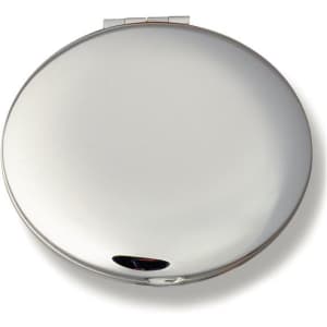 A silver compact mirror with a sleek, reflective surface and a clasp closure.