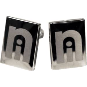 Plain cufflinks in a rectangular silver design with a subtle logo on the surface.