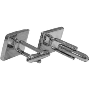 A pair of silver cufflinks with a simple square design, featuring a metallic finish and a branding logo.