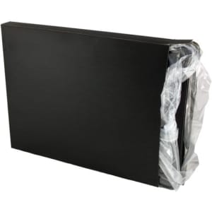 A black imitation leather A4 zippered compendium with a plastic covering and a logo.
