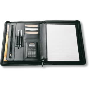 A black imitation leather A4 zippered compendium featuring a calculator, pens, and pockets for notes and cards.