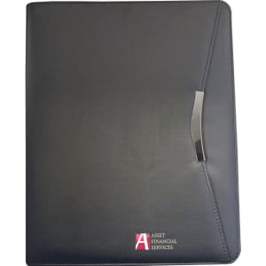 A black imitation leather A4 zippered compendium with a silver clip and a logo on the front.