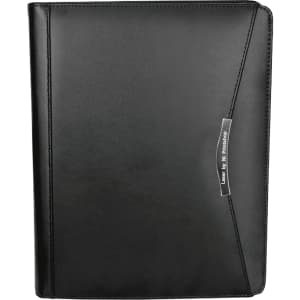 A black imitation leather A4 zippered compendium featuring a sleek design and a branding logo.