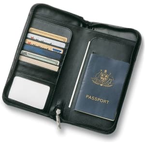 A black leather travel wallet featuring pockets for cards and a space for a passport. Includes a branded logo.