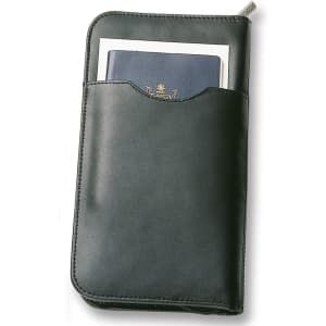 A leather travel wallet in dark green, featuring a pocket for a passport and a branded logo.