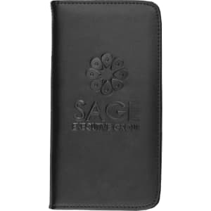 A black leather travel wallet featuring a logo embossed on the front.