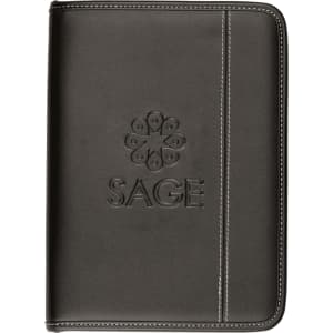 A5 zippered compendium in black leather with embossed logo and white stitching detail. Ideal for office use.