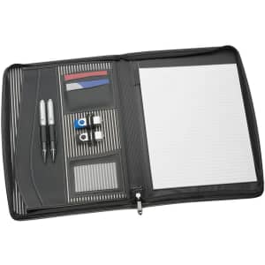 A black imitation leather zip compendium featuring multiple pockets, pens, and a notepad. It has a sleek, professional design.