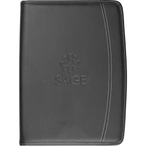 A black imitation leather zip compendium with a curved design and a logo on the front.