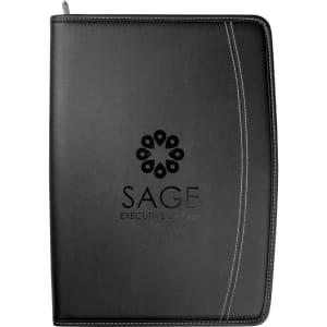 A black imitation leather zip compendium features white stitching and a logo on the front cover.