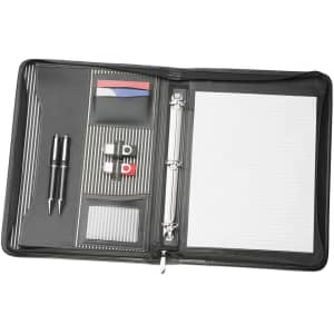 A black imitation leather A4 compendium with pens, pockets, and a notepad. It features a logo on the front.