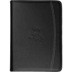 A black imitation leather compendium featuring a decorative logo and stitching detail on the front cover.