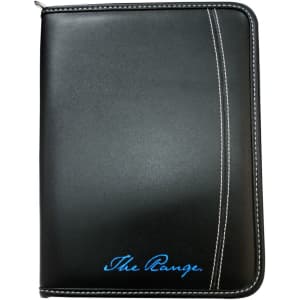 A5 zippered compendium in black with white stitching and a blue logo branding on the front.