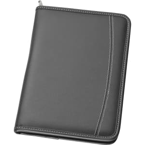 A5 zippered compendium in black with stitched detailing and a sleek design. Features a logo.