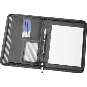 A5 zippered compendium in black with pockets for cards and a pen, featuring lined paper inside.