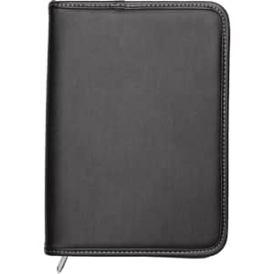 A5 zippered compendium in black with a stitched edge, featuring a logo on the front.