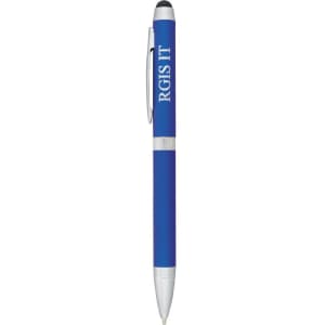 A blue metal stylus pen with a silver clip and band, featuring branding. Ideal for writing and touchscreen use.