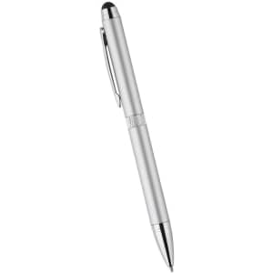 A silver metal stylus pen with a sleek design and a clip, featuring a branding logo.