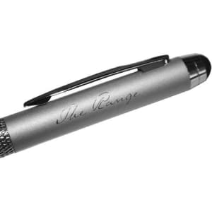 A metal stylus pen in silver, featuring a textured grip and a clip. Includes branding on the barrel.