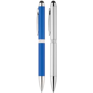 A set of two metal stylus pens, one blue and one silver, featuring a decorative band and a logo.