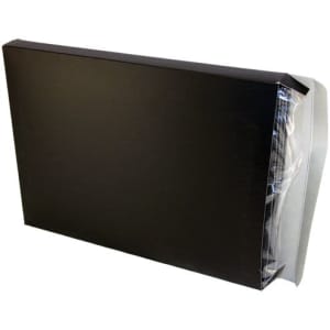 A black imitation leather zip compendium with a sleek, polished finish and a clear plastic cover.