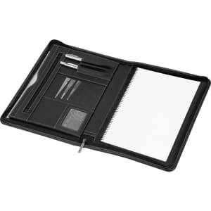 A black imitation leather A4 zip compendium featuring multiple pockets, pens, and a notepad. It includes a branding logo.