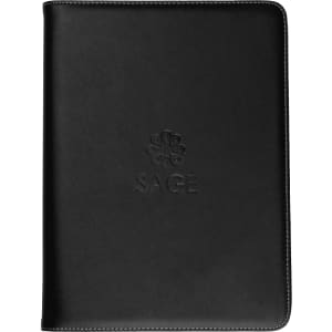 A black imitation leather zip compendium featuring a logo on the front, suitable for office and business use.