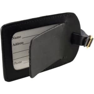 A black luggage tag with a transparent window for contact information and a buckle strap. It has a simple, sleek design.