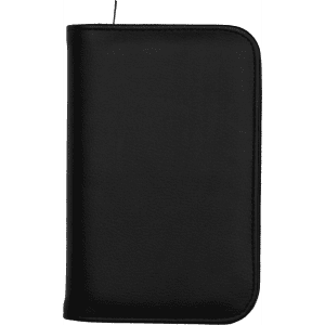 A black recycled travel wallet with RFID blocking features and a zip closure. It includes a logo on the front.