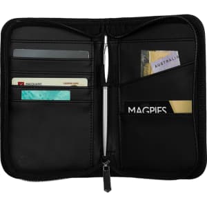 A black recycled travel wallet with RFID blocking, featuring multiple card slots and a pen holder inside.