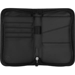 A black recycled travel wallet with RFID blocking features, featuring multiple card slots and a zip closure.