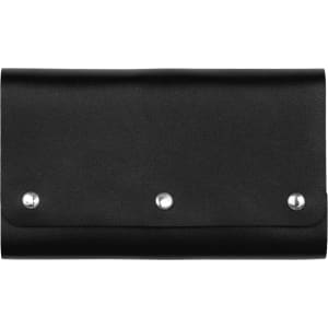 A black leather travel card set with three metal studs, featuring a sleek, folded design.