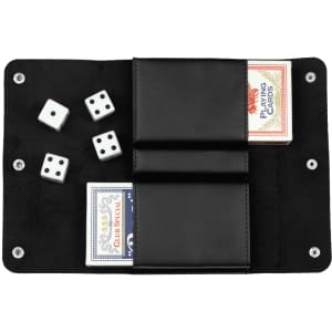 A black leather cover holding two decks of playing cards and four white dice.