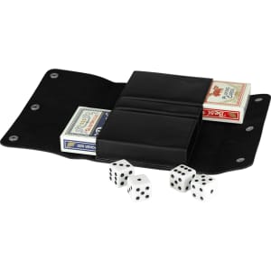A black leather cover containing two decks of playing cards and three white dice. It features a logo.