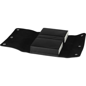 A black leather cover opens to reveal two card sets, featuring a smooth texture and snap closures.