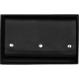 A black leather travel card set with a snap closure, presented in a matching box. It features decorative metal snaps.