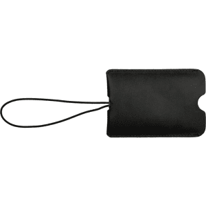 A black leather luggage tag with a pull-apart design and a secure attachment strap.