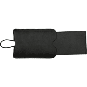 A black pull-apart leather luggage tag featuring a loop for attachment and a simple design.